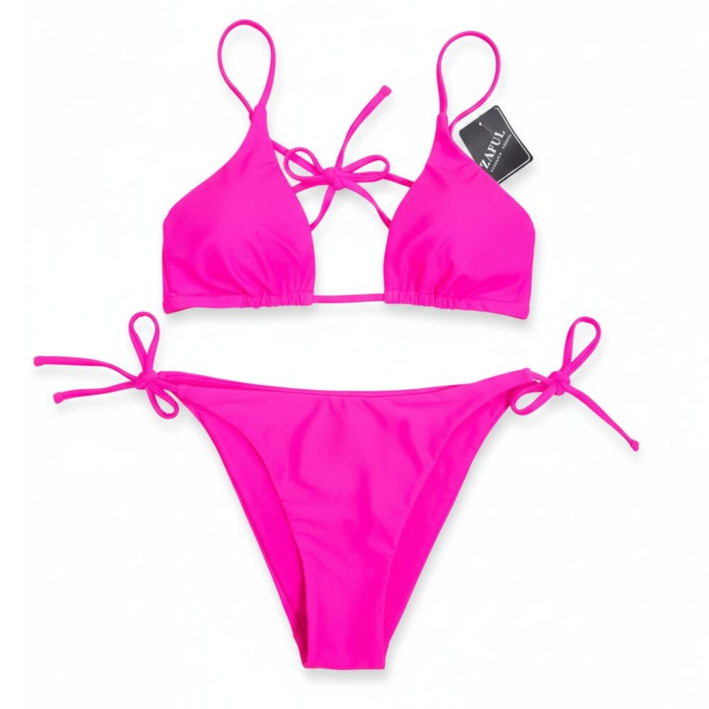 NWT | Zaful Neon Hot Pink Triangle Multi Tie Side Bikini Set | XLarge